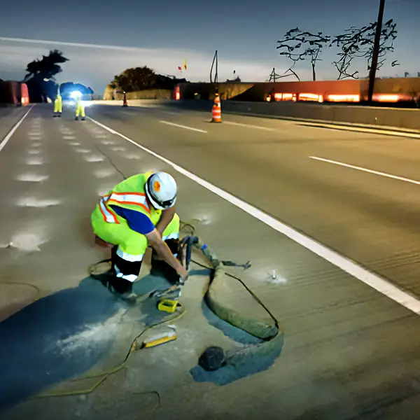 A worker repairing a commercial bridge on a road at night, using tools and equipment to fix the structure.
