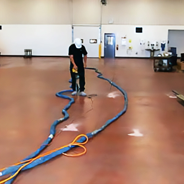 A man in a large room in a commercial property using a hose, with the floor being raised.
