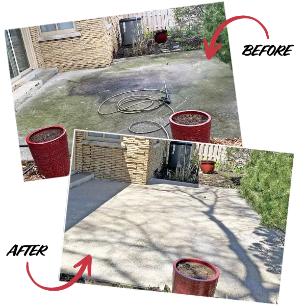 A residential patio with a hose and nozzle, showcasing the transformation before and after pressure washing.