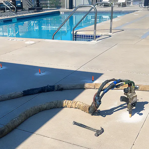 A pool with concrete raising equipment on sunken or unlevel concrete.