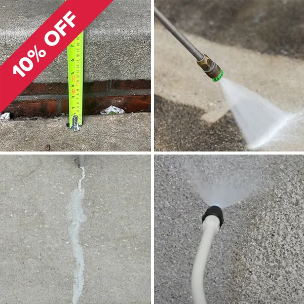 Four images demonstrating various methods of cleaning and repairing concrete: concrete lifting, power washing, seam sealing, and concrete sealing